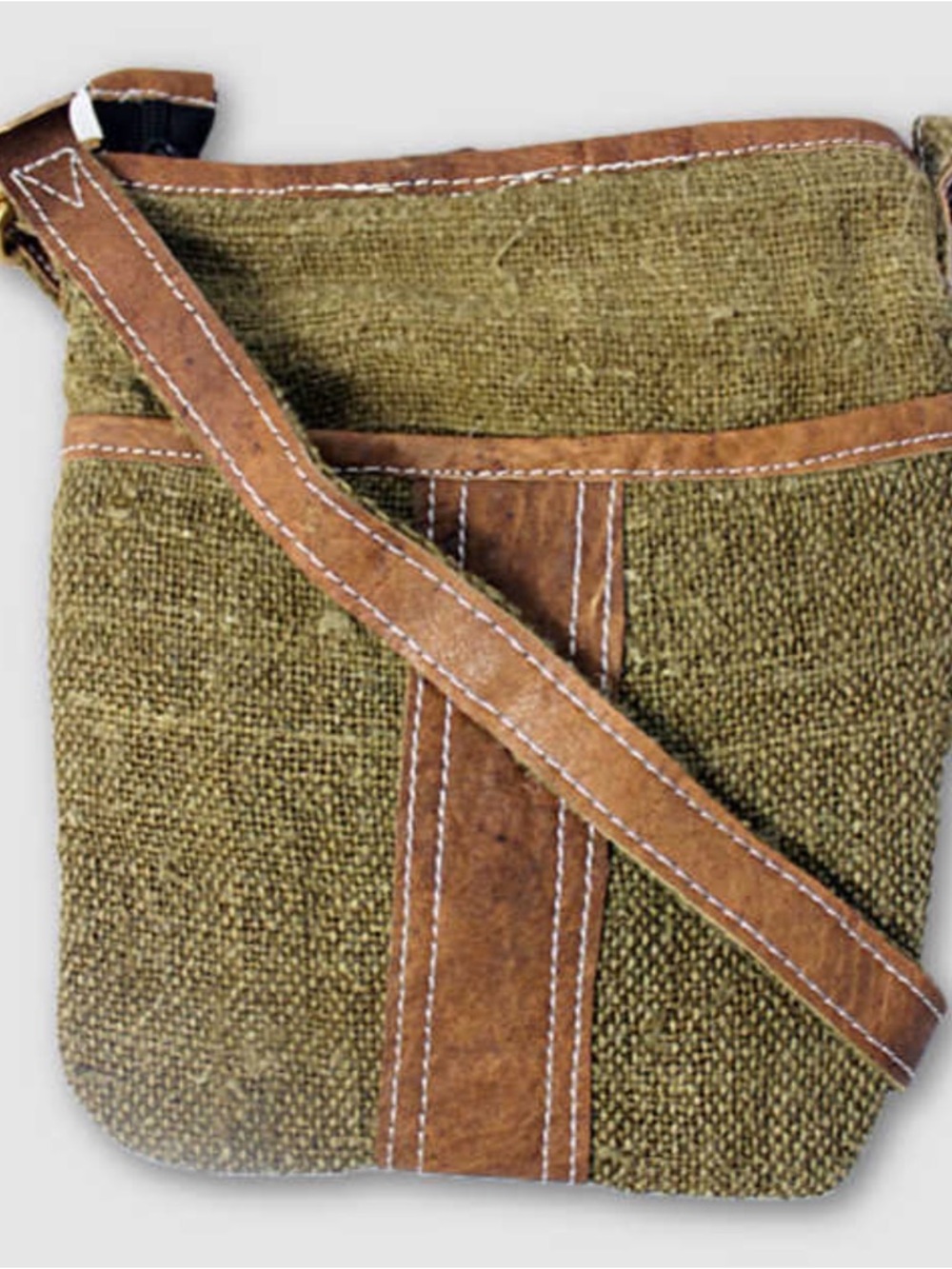 Olive Green Canvas Crossbody Bag with Brown Faux Leather Trim